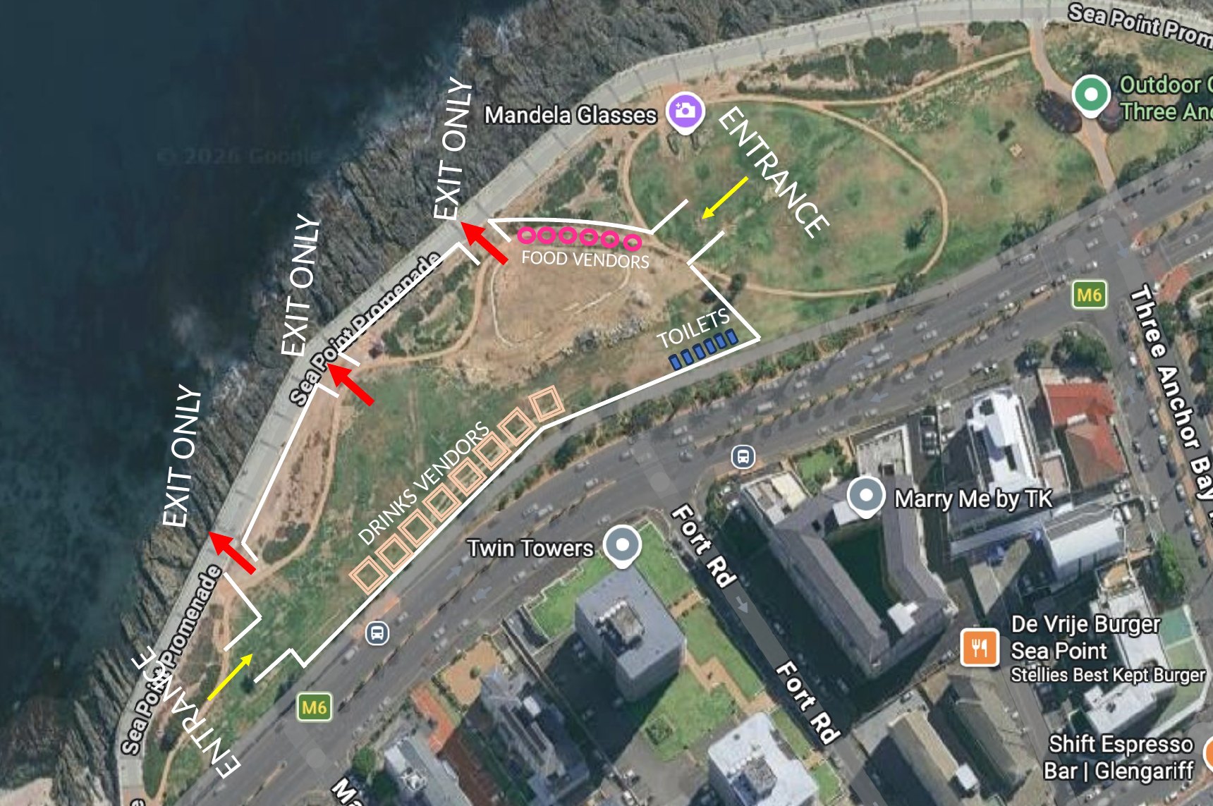 Proposed On The Prom footprint on the Sea Point Promenade at Three Anchor Bay, showing the entrance, exit-only points, food vendors, drinks vendors and toilets